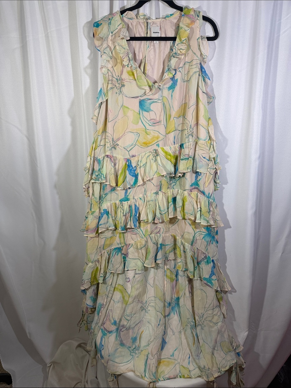 Maeve Floral Ruffle High-Low Maxi Dress in Beige and Aqua New Large - Picture 4 of 6